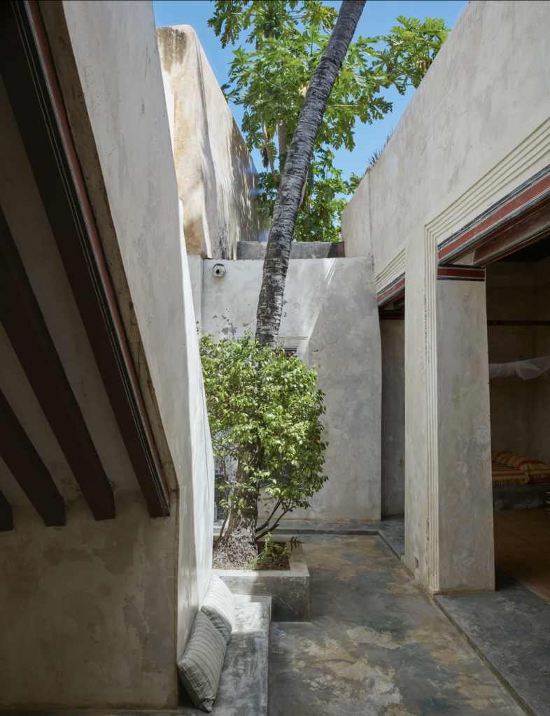 Open-air courtyard with lush greenery and rustic architecture.