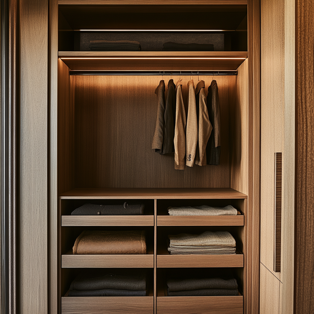 Minimalist Wooden Closet with Hanging Clothes and Shelves – A sleek, modern closet with warm wooden tones, featuring a built-in hanging rack with a small selection of blazers and jackets. Open shelves below hold neatly folded sweaters and clothing items, while soft LED lighting enhances the elegant ambiance.