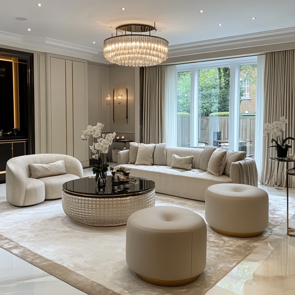 Luxurious Living Room with Neutral Tones – A spacious and elegant living room featuring a cream-colored sectional sofa adorned with matching cushions, a curved accent chair, and two round ottomans. A glass-top coffee table with a textured base sits in the center, decorated with orchids and sculptural decor. A grand crystal chandelier hangs above, while floor-to-ceiling curtains frame large windows that let in natural light, showcasing a lush outdoor space.