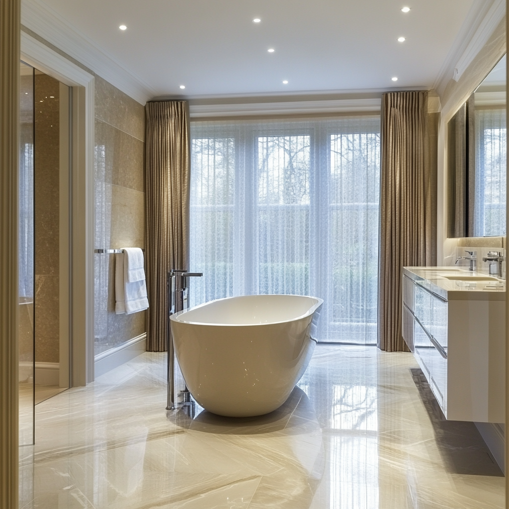 Luxurious Bathroom with Freestanding Bathtub – A spacious and elegant bathroom featuring a sleek white freestanding bathtub positioned in front of floor-to-ceiling windows dressed with sheer curtains and beige drapes. The room is illuminated by recessed ceiling lights, reflecting off the polished marble flooring. A floating vanity with a glossy finish and dual sinks is complemented by a large mirror, while warm-toned marble wall panels add a touch of sophistication. A towel rack with neatly folded white towels is placed near a glass-enclosed shower. London Interios.