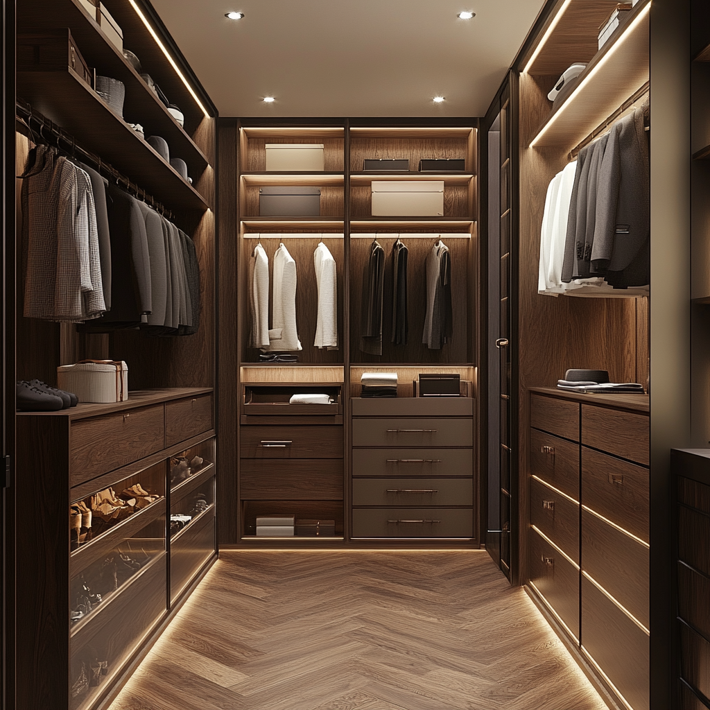 High-End Walk-In Closet with Wooden Finishes – A sophisticated walk-in closet with rich wooden cabinetry, glass display cases, and built-in LED lighting. The space features neatly arranged hanging clothes, drawers, and shelves storing accessories such as shoes, hats, and folded garments. The herringbone-patterned wooden floor complements the sleek, organised layout, creating a warm and elegant atmosphere. London Interiors.