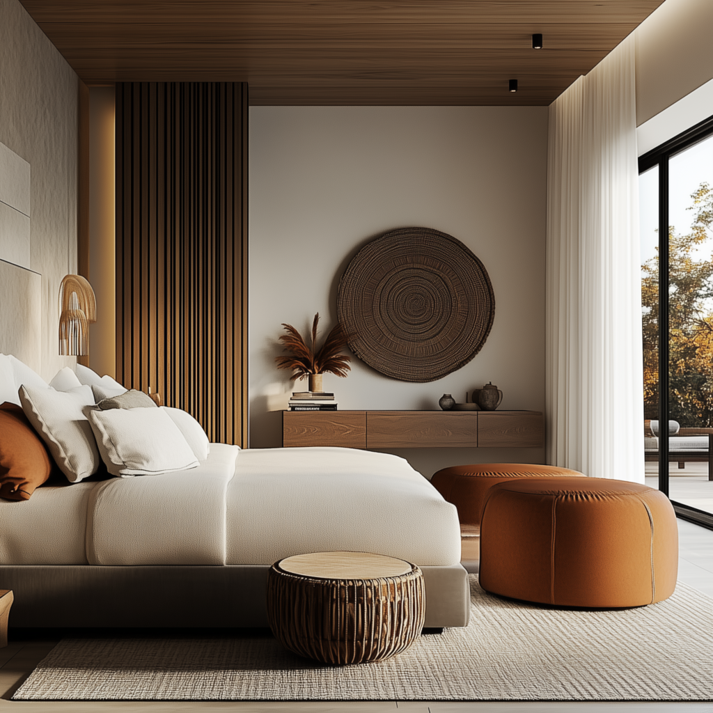 Modern bedroom with earth-toned palette, round woven wall art, and soft natural lighting.