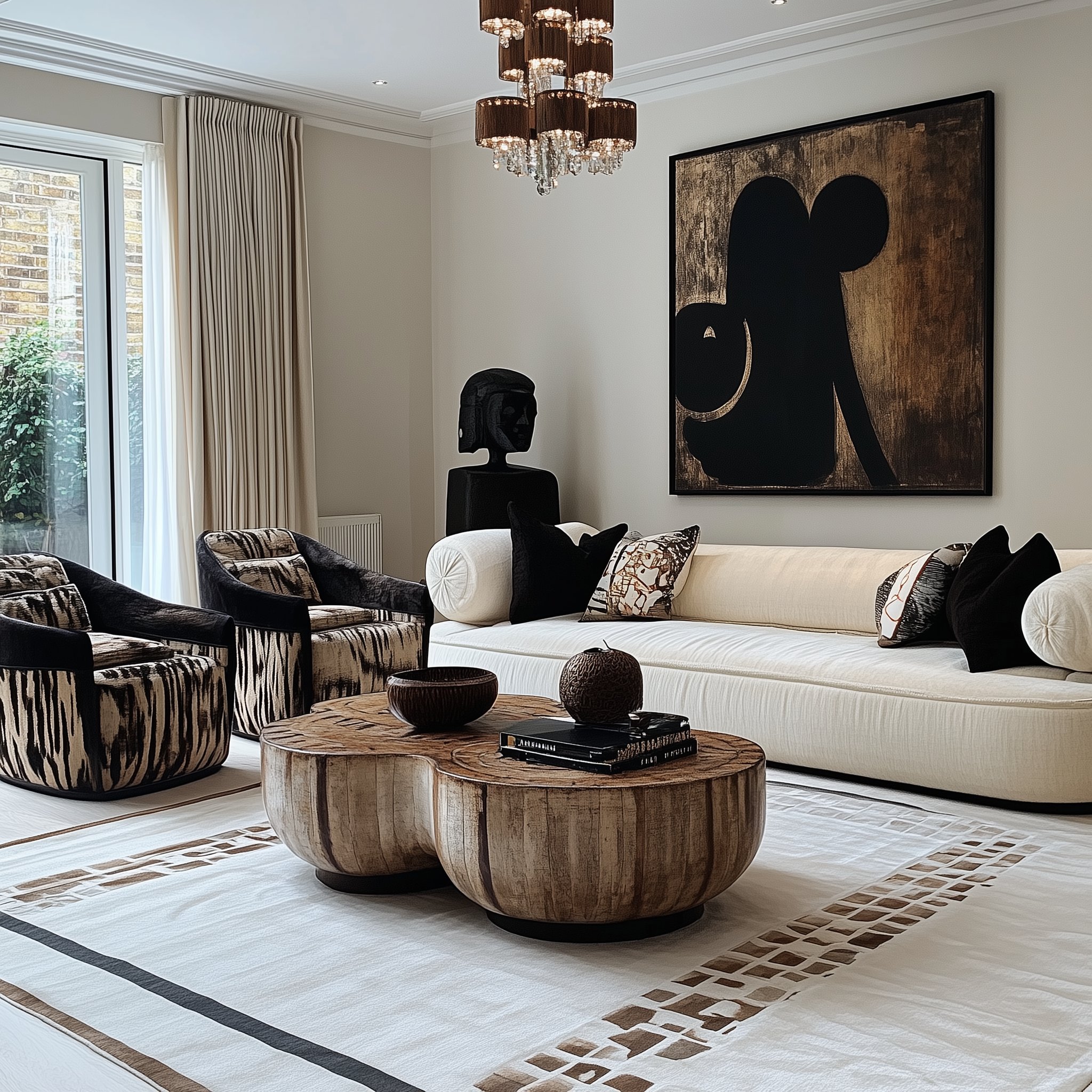 Sophisticated Nigerian Luxury Interiors. A living room with cream sofa, sculptural art, and earthy West African-inspired elements.