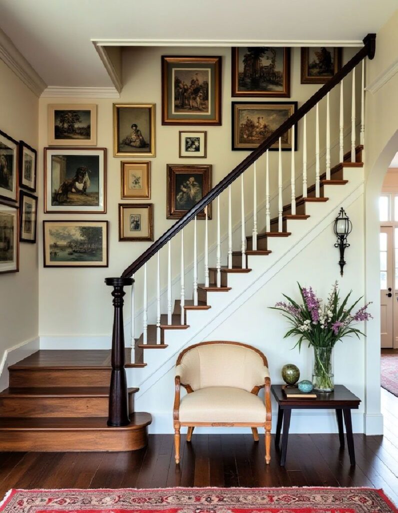 Traditional Staircase with Eclectic Vintage Art Gallery
A classic wooden staircase with dark wood treads and white spindles, set against a cream wall adorned with an eclectic mix of vintage framed art and portraits in varying sizes and ornate frames. The space below the staircase features a beige upholstered armchair, a dark wood side table with fresh flowers in a glass vase, and a red oriental rug, creating a warm, traditional ambiance.