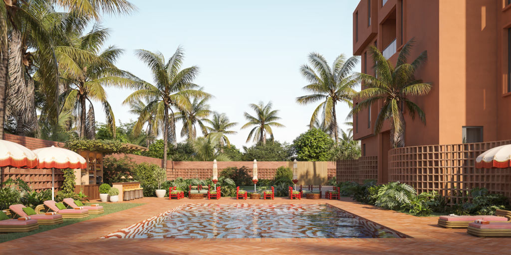 Perspective view of a tropical pool terrace framed by palm trees, terracotta architecture, patterned water reflections, and outdoor lounge seating.
