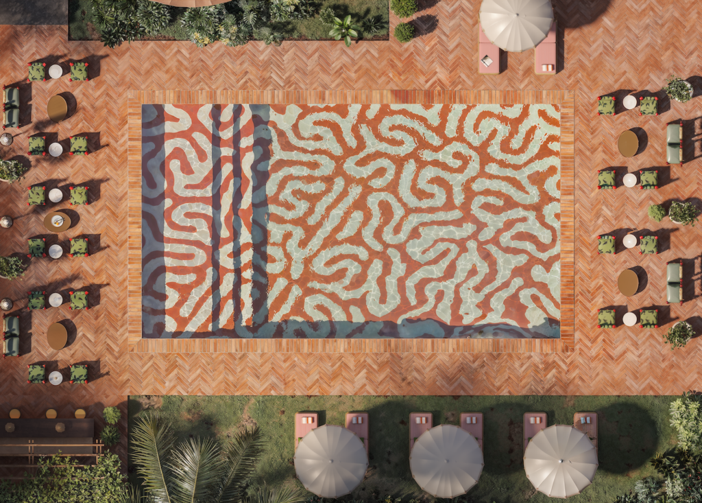 Aerial view of a terracotta-tiled pool area with an abstract patterned swimming pool, tropical landscaping, and lounge seating arranged symmetrically around the space.