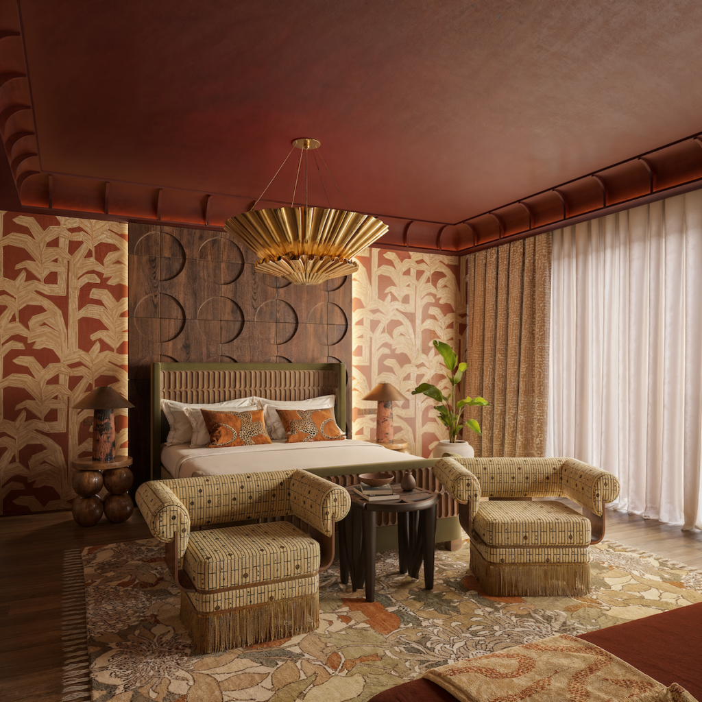 Warm-toned luxury hotel suite with carved timber wall panels, patterned textiles, sculptural lighting, and layered earthy materials.