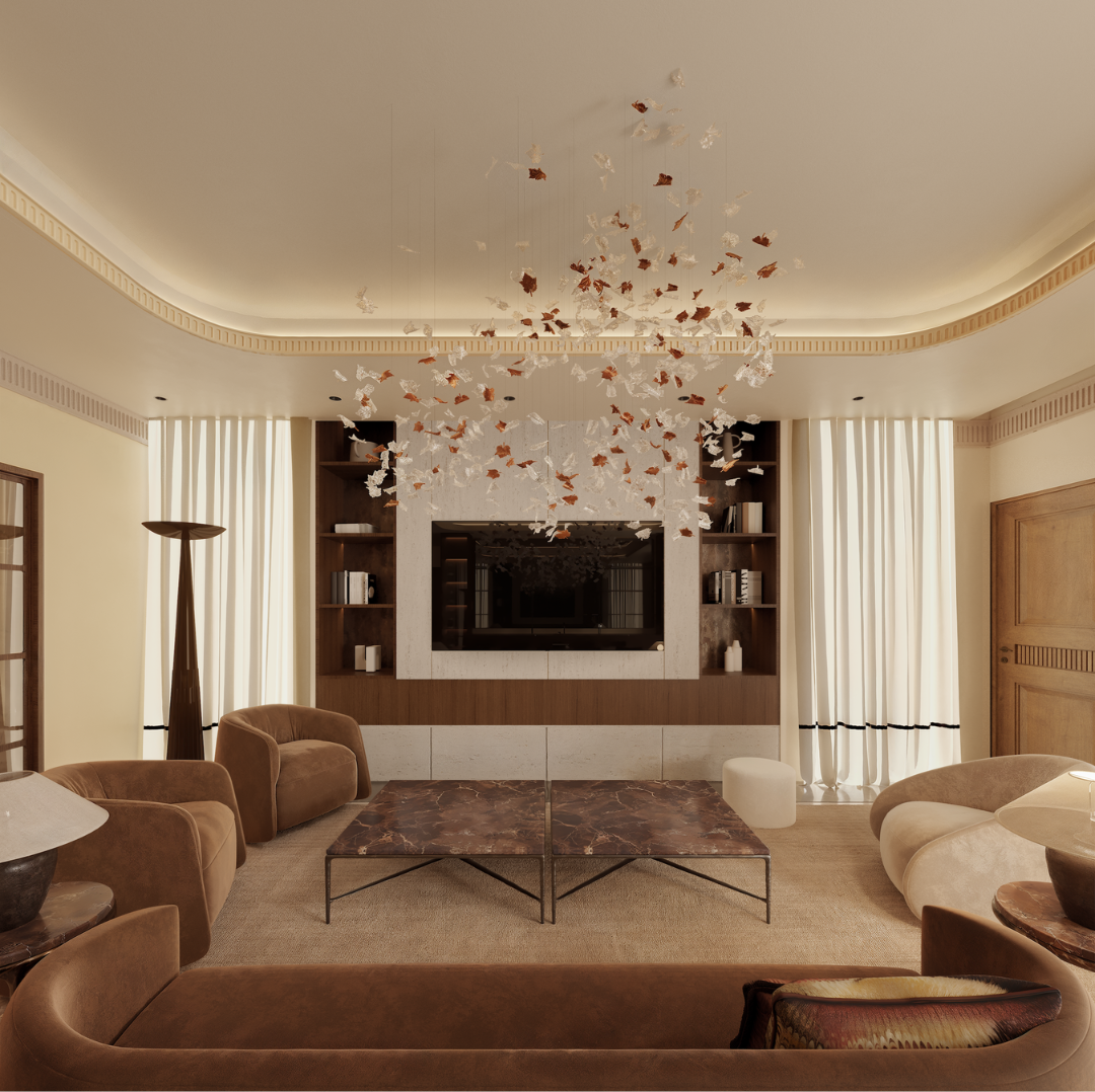 Warm neutral living room with sculptural brown sofas, a marble coffee table, built-in walnut shelving, floor-to-ceiling curtains and a suspended copper and white leaf chandelier.